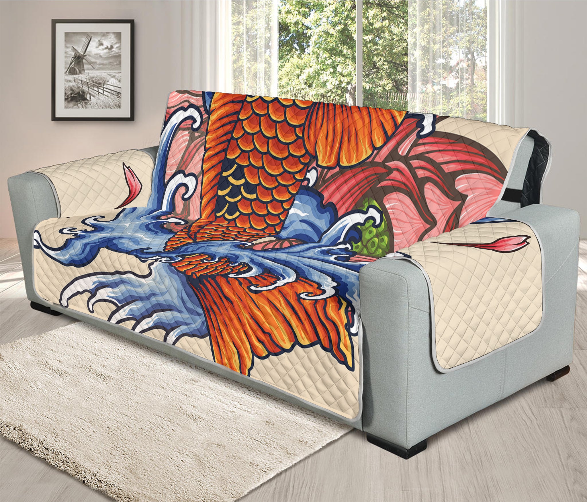 Japanese Koi Fish Tattoo Print Oversized Sofa Protector