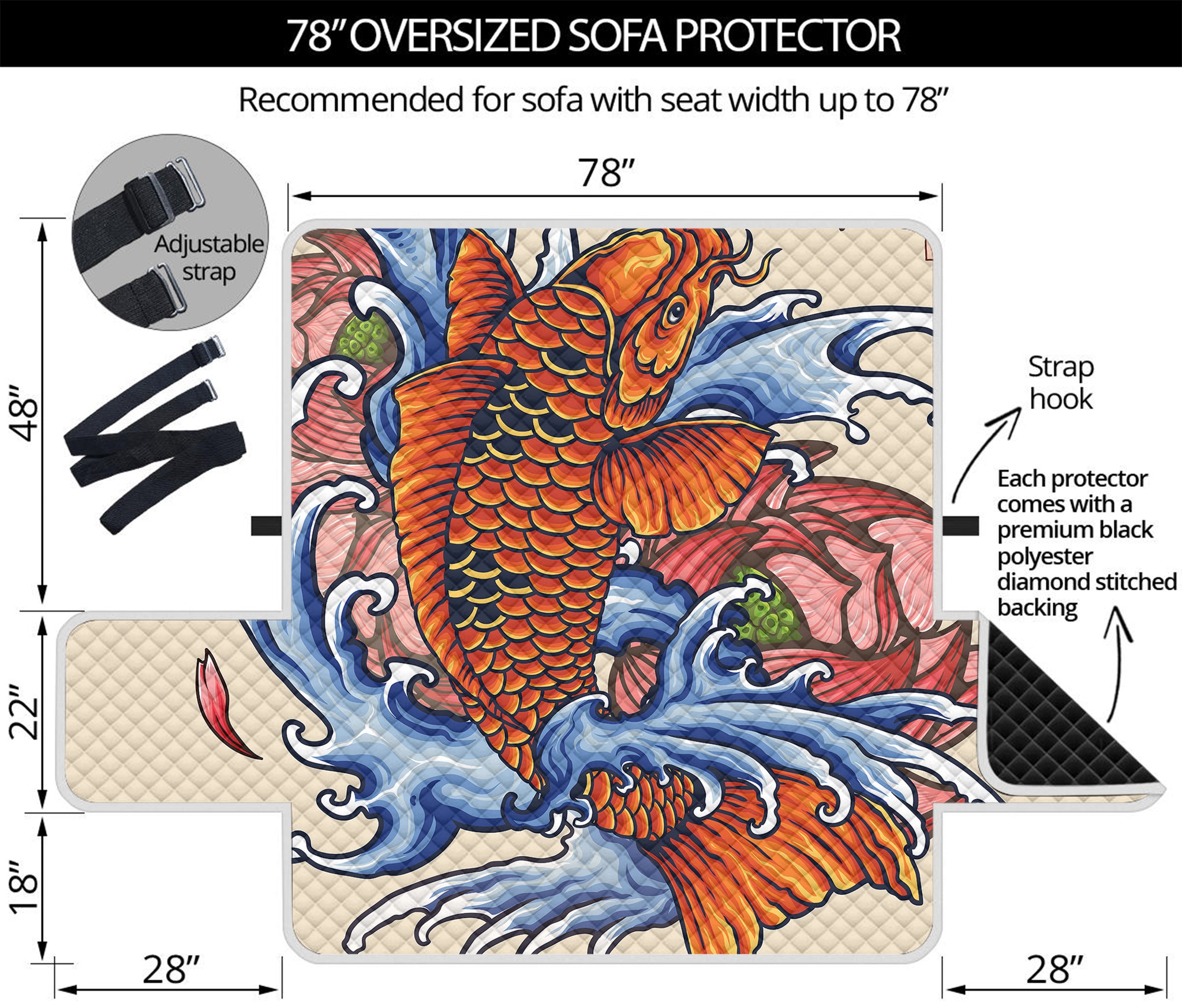 Japanese Koi Fish Tattoo Print Oversized Sofa Protector