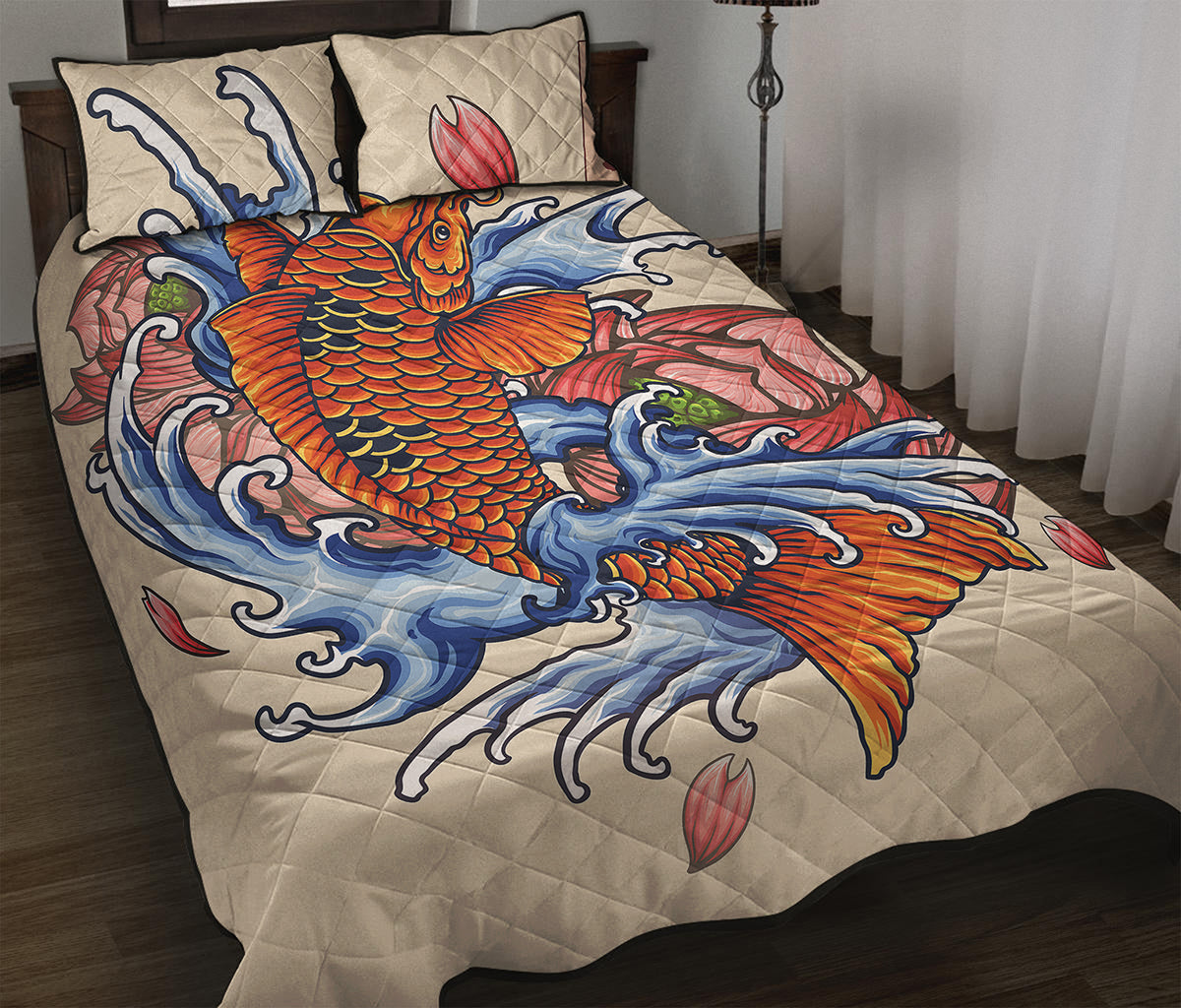 Japanese Koi Fish Tattoo Print Quilt Bed Set