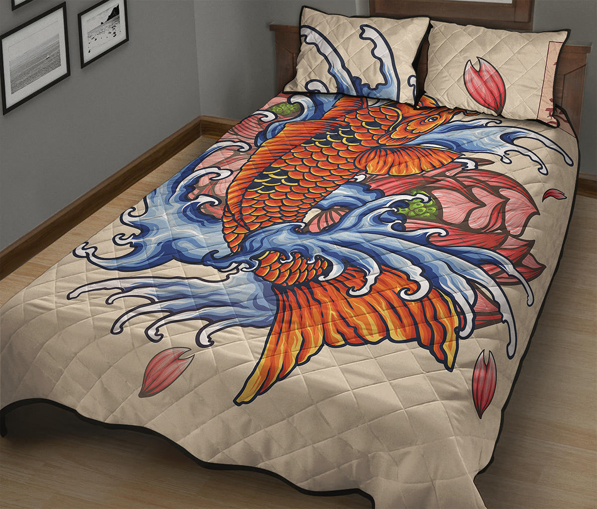 Japanese Koi Fish Tattoo Print Quilt Bed Set