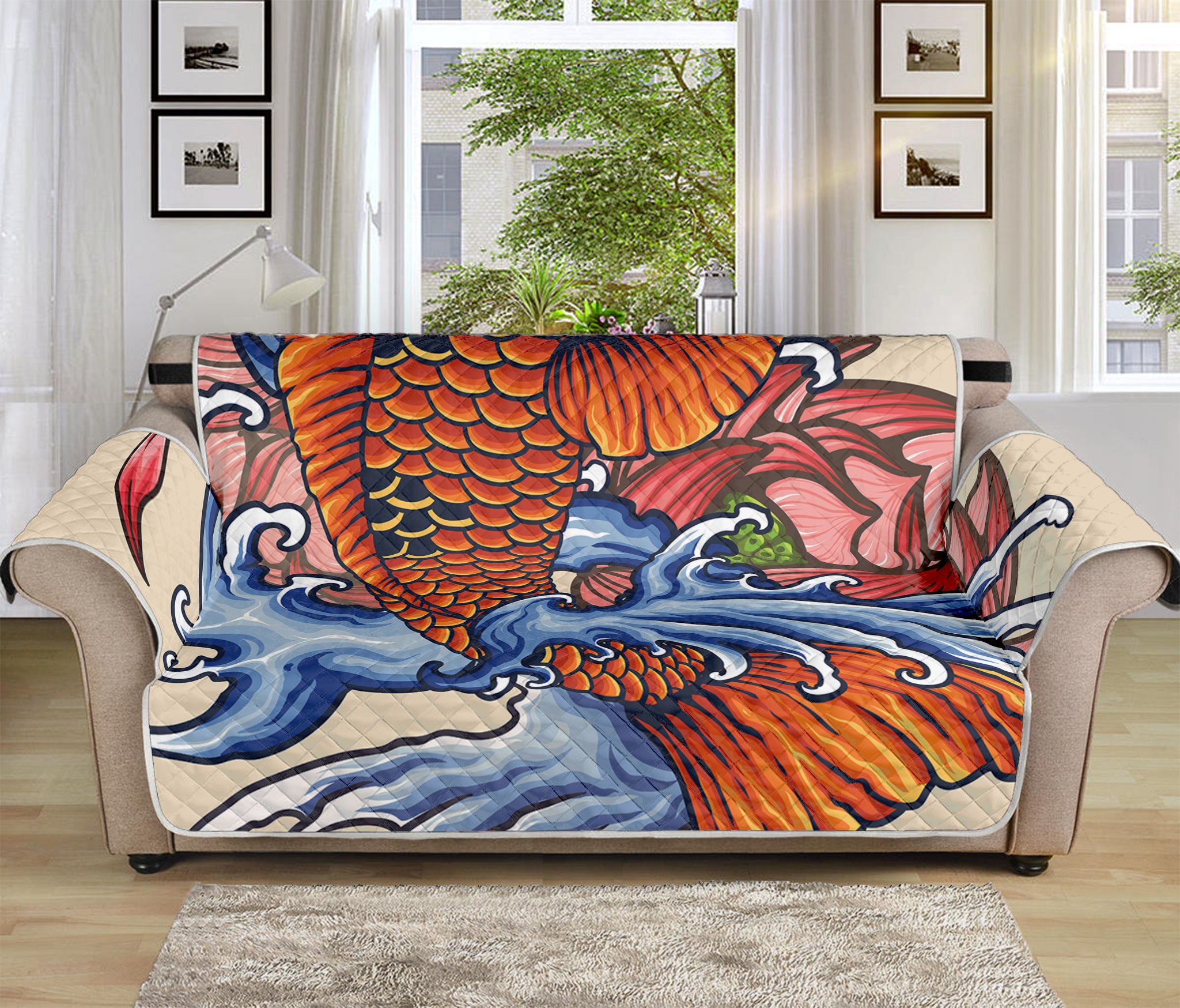 Japanese Koi Fish Tattoo Print Sofa Protector