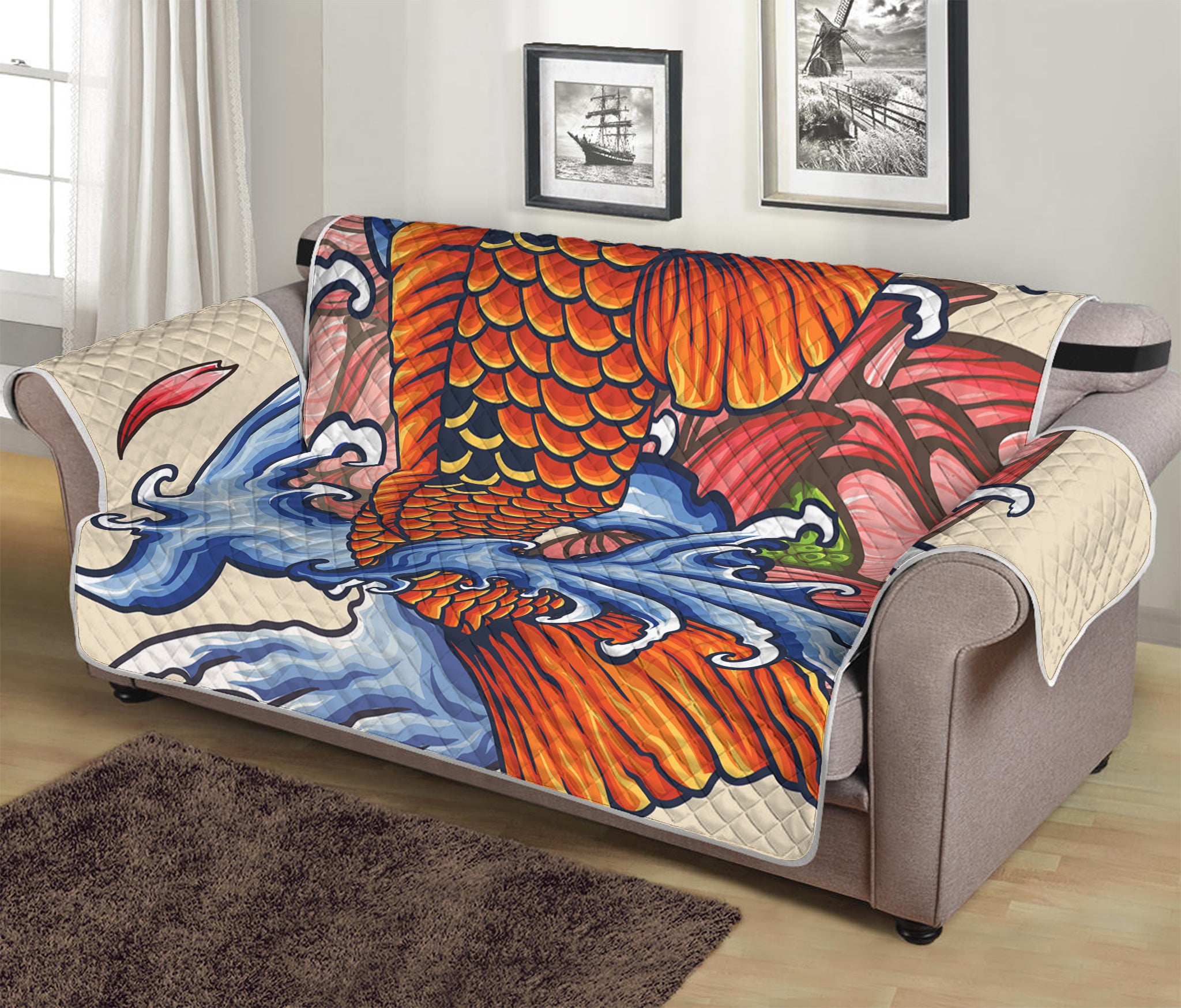 Japanese Koi Fish Tattoo Print Sofa Protector