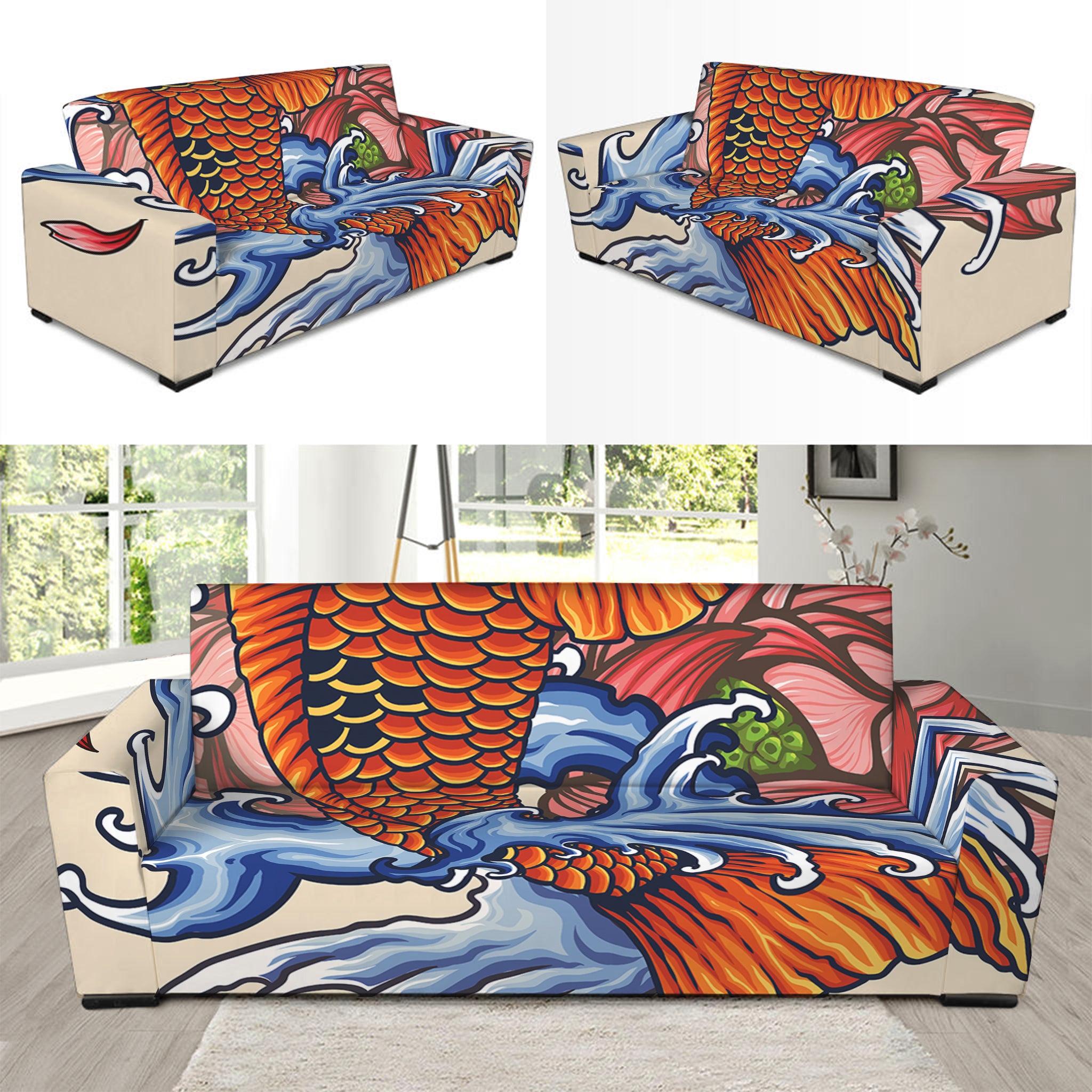 Japanese Koi Fish Tattoo Print Sofa Slipcover