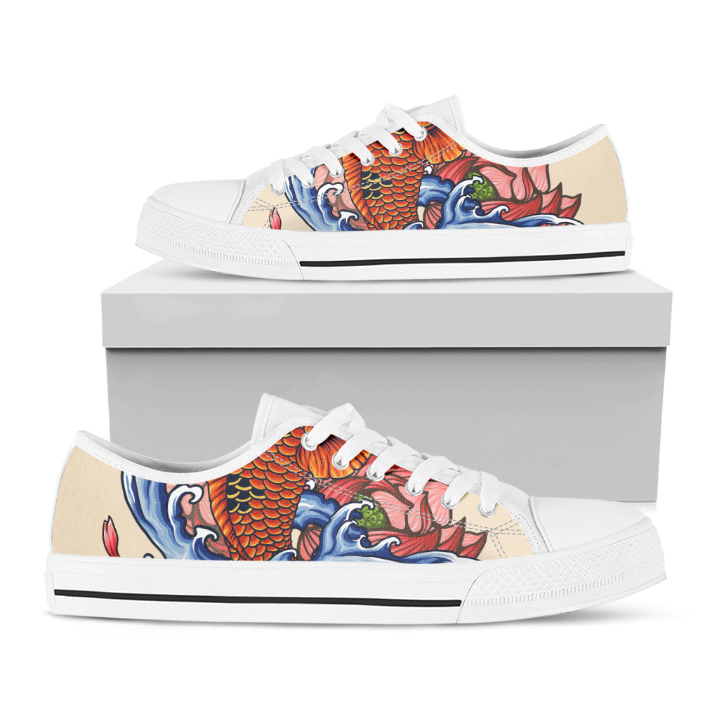 Japanese Koi Fish Tattoo Print White Low Top Shoes