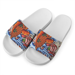 Japanese Koi Fish Tattoo Print White Slide Sandals