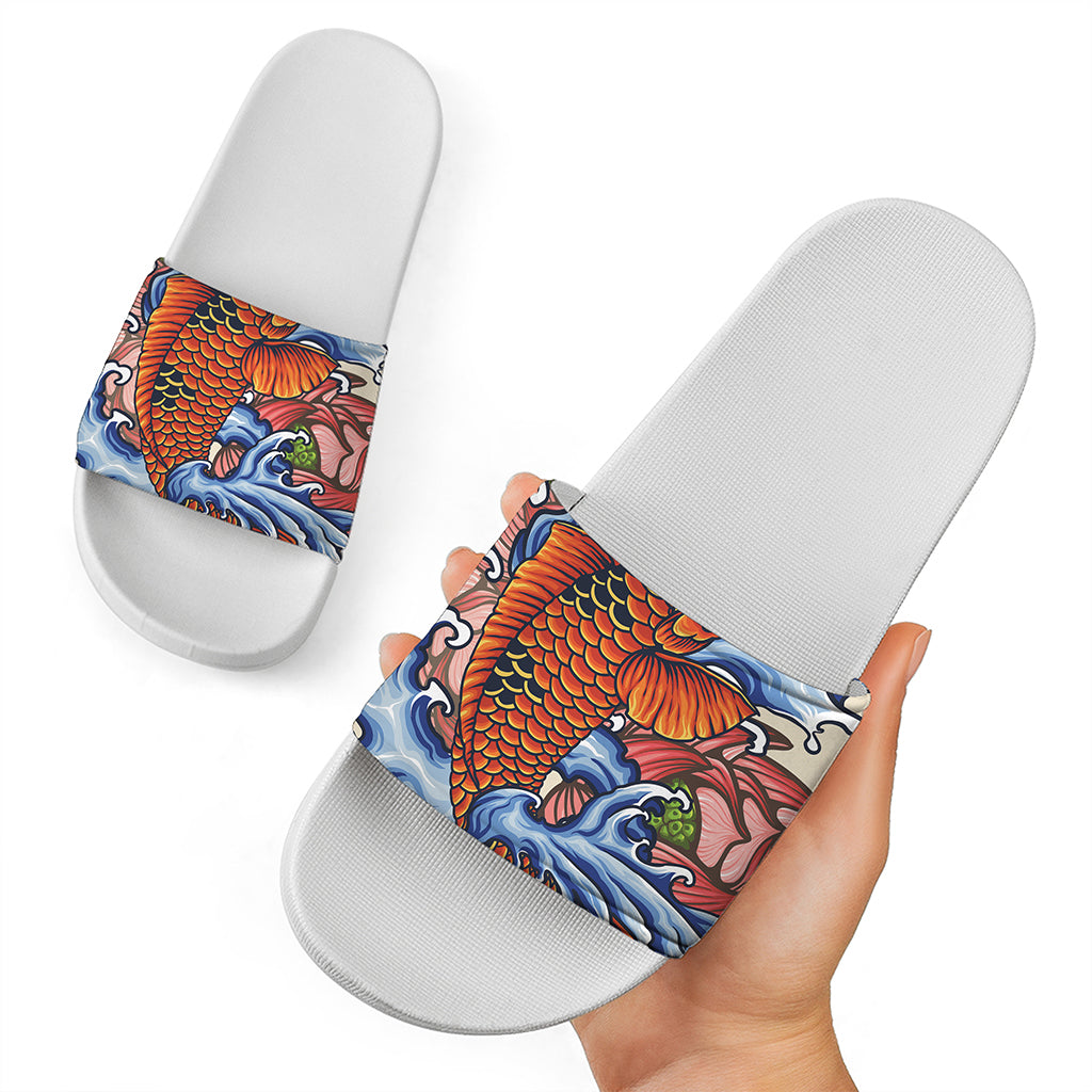 Japanese Koi Fish Tattoo Print White Slide Sandals