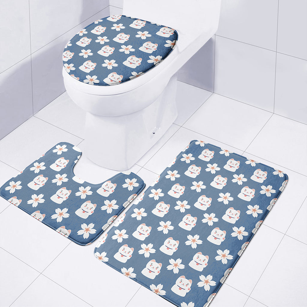 Japanese Lucky Cat And Sakura Print 3 Piece Bath Mat Set