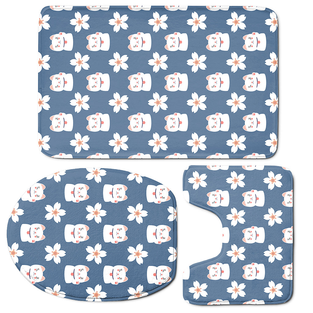 Japanese Lucky Cat And Sakura Print 3 Piece Bath Mat Set