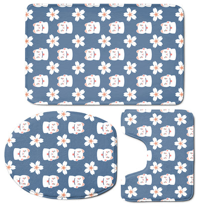 Japanese Lucky Cat And Sakura Print 3 Piece Bath Mat Set