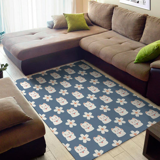 Japanese Lucky Cat And Sakura Print Area Rug