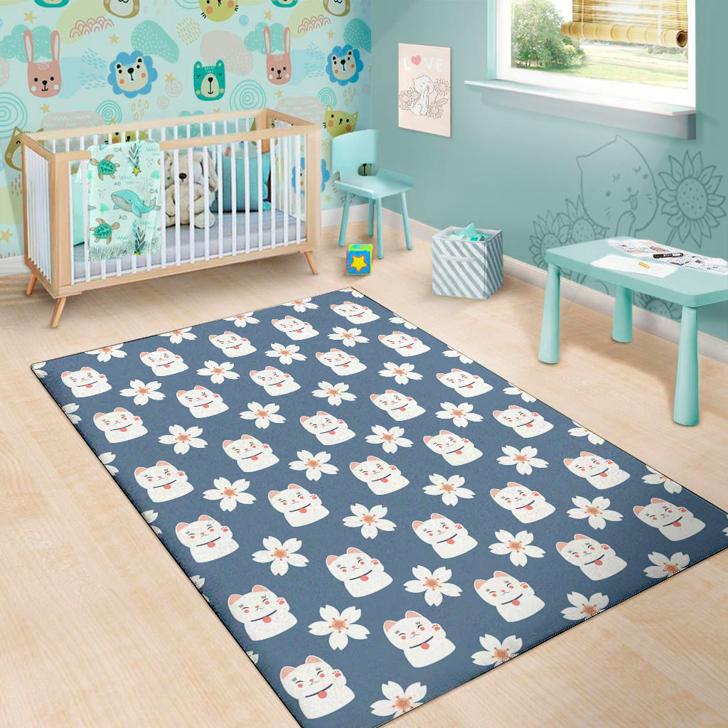 Japanese Lucky Cat And Sakura Print Area Rug