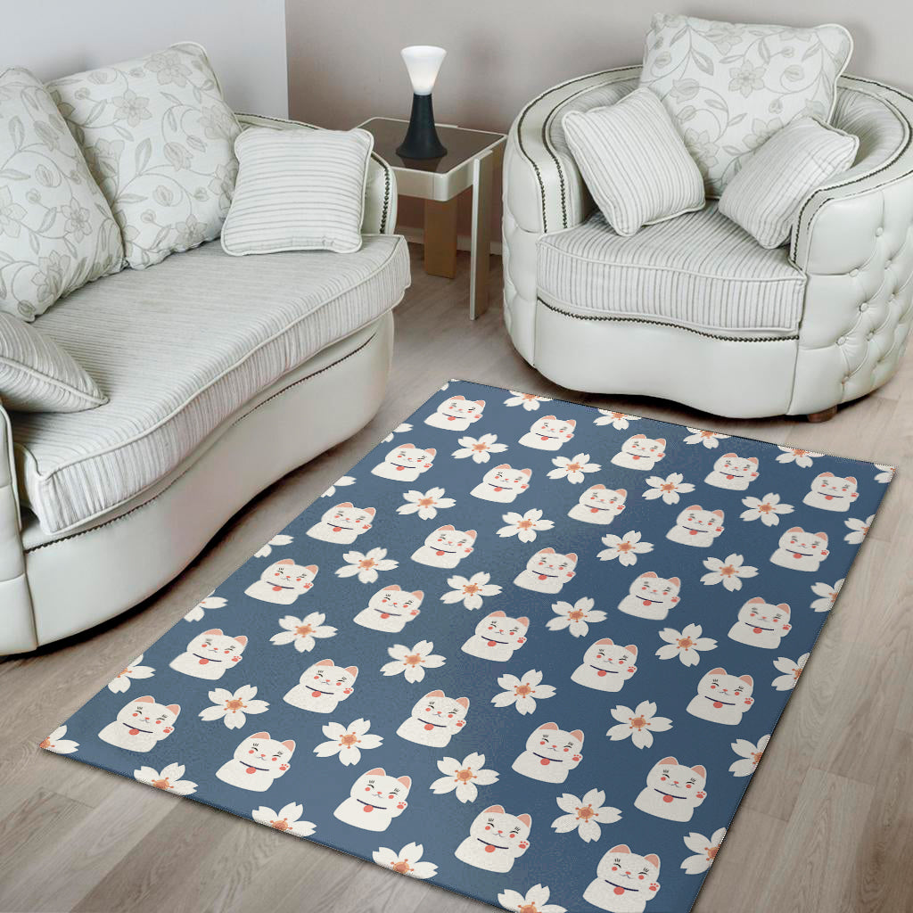 Japanese Lucky Cat And Sakura Print Area Rug