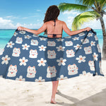 Japanese Lucky Cat And Sakura Print Beach Sarong Wrap