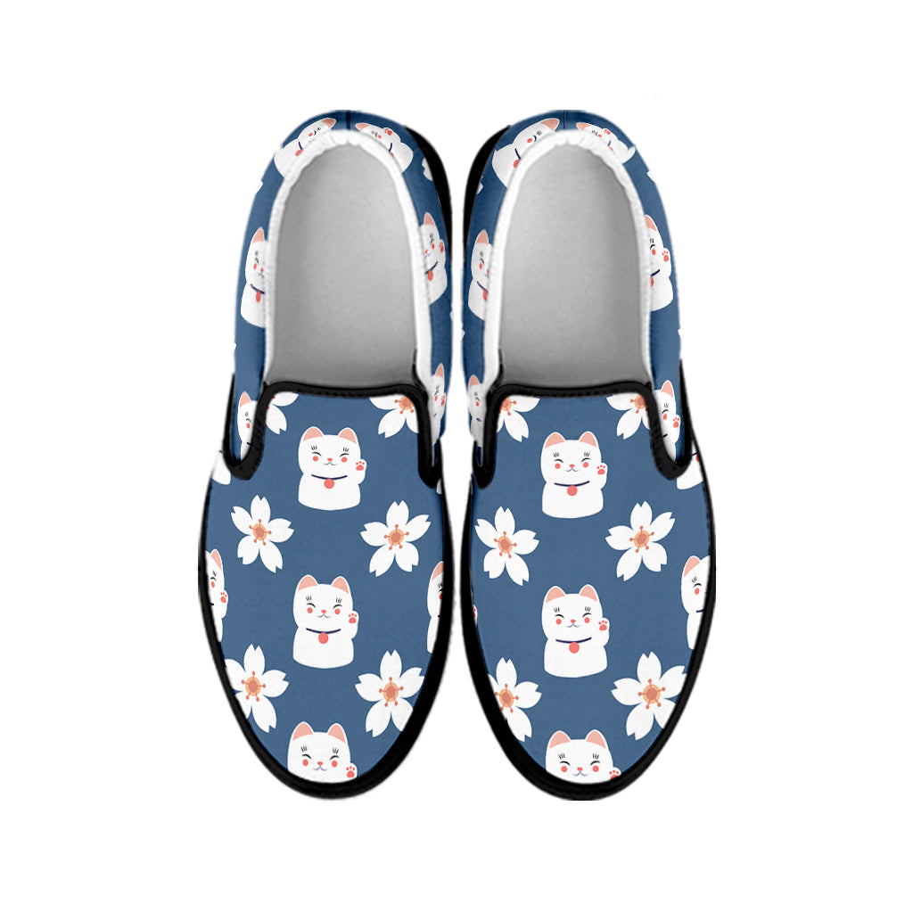 Japanese Lucky Cat And Sakura Print Black Slip On Shoes