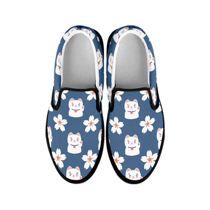 Japanese Lucky Cat And Sakura Print Black Slip On Shoes