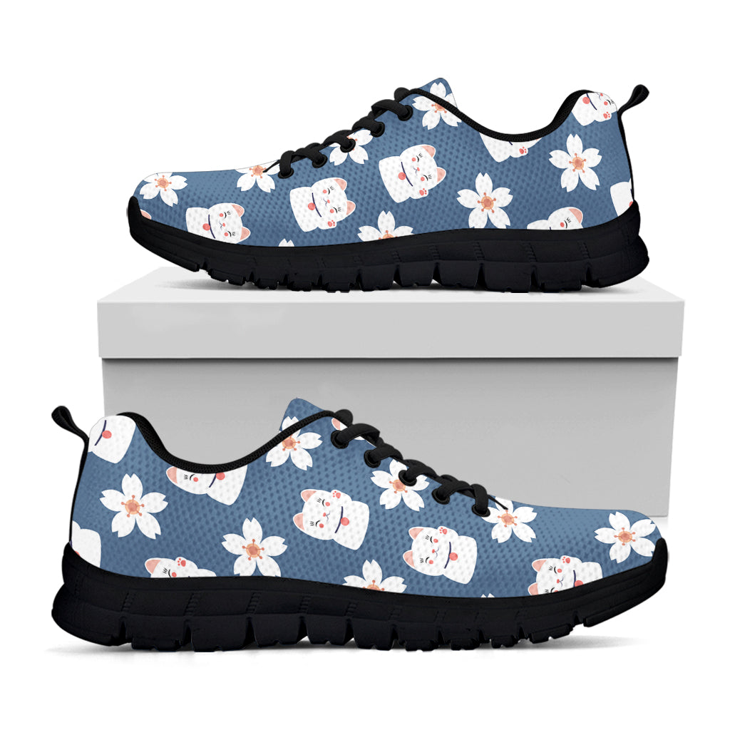 Japanese Lucky Cat And Sakura Print Black Sneakers