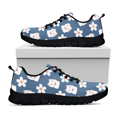 Japanese Lucky Cat And Sakura Print Black Sneakers