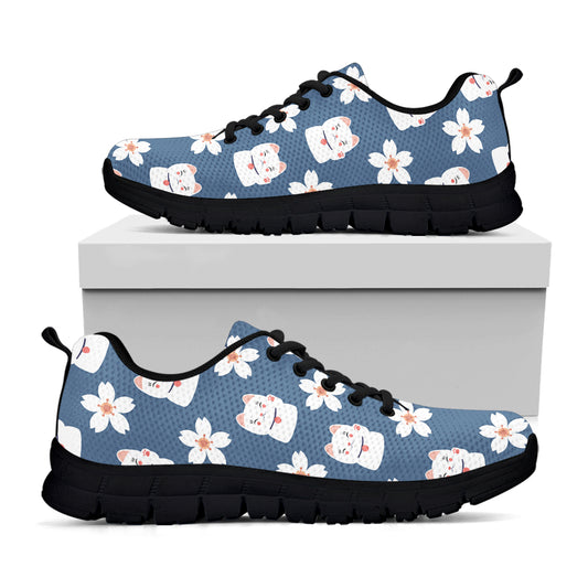 Japanese Lucky Cat And Sakura Print Black Sneakers