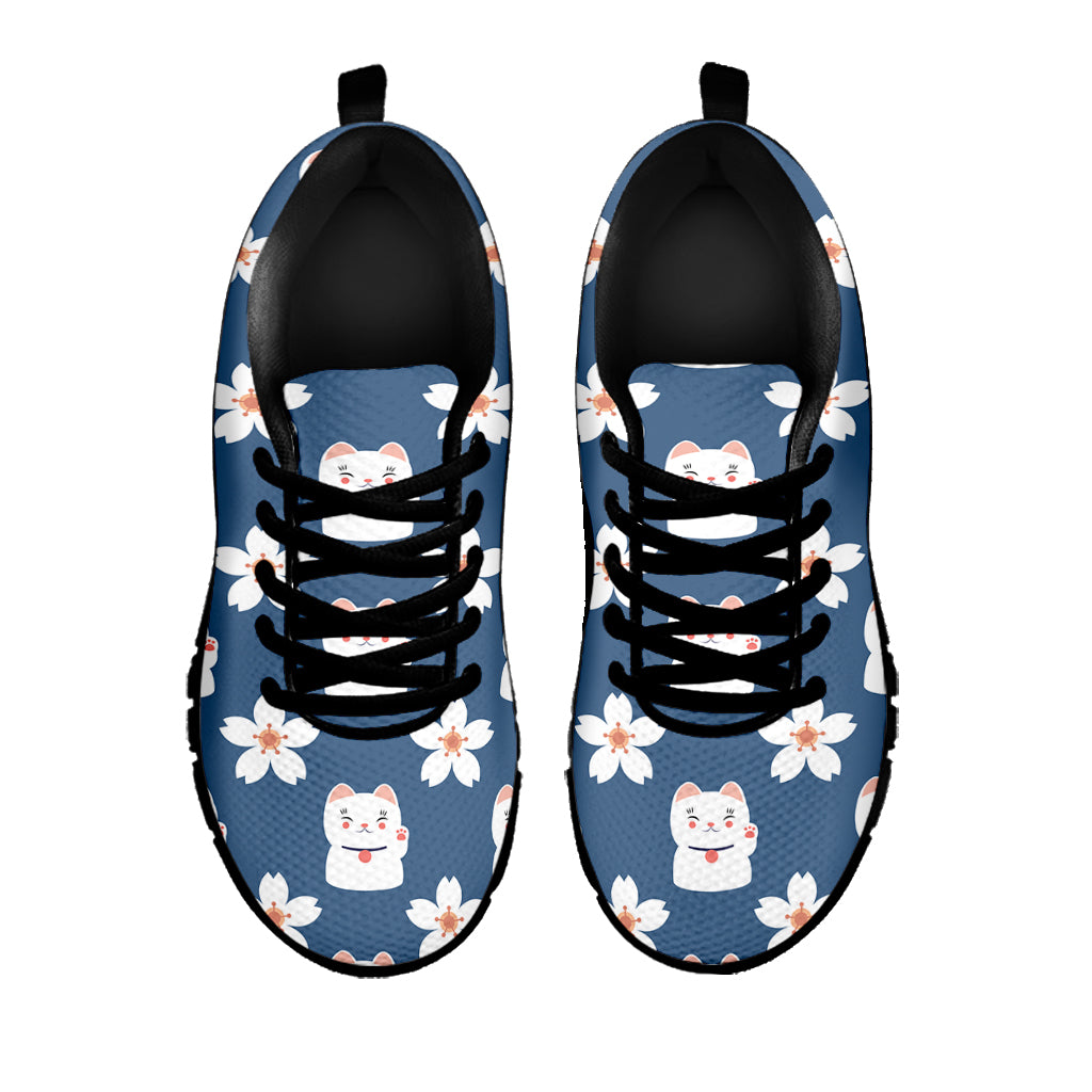 Japanese Lucky Cat And Sakura Print Black Sneakers