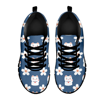 Japanese Lucky Cat And Sakura Print Black Sneakers