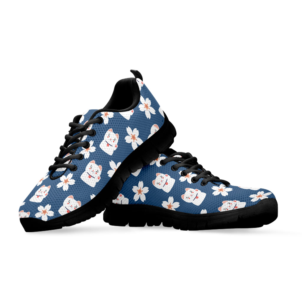 Japanese Lucky Cat And Sakura Print Black Sneakers