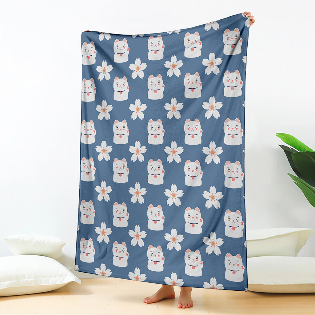 Japanese Lucky Cat And Sakura Print Blanket