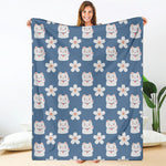Japanese Lucky Cat And Sakura Print Blanket