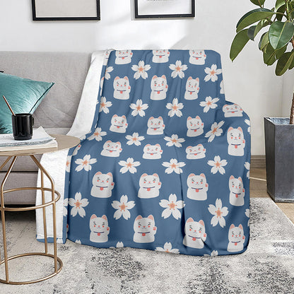 Japanese Lucky Cat And Sakura Print Blanket