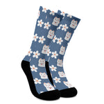 Japanese Lucky Cat And Sakura Print Crew Socks