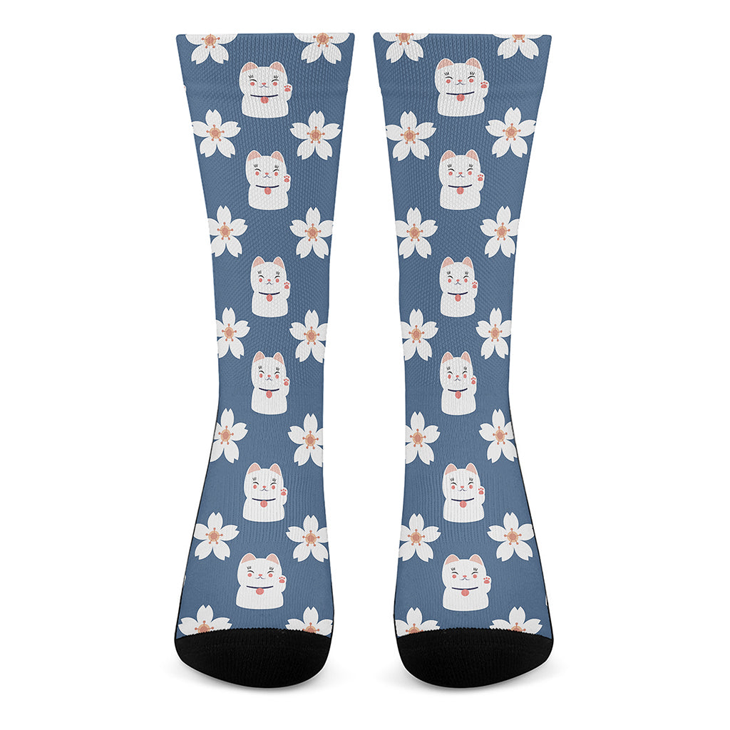 Japanese Lucky Cat And Sakura Print Crew Socks