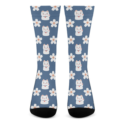 Japanese Lucky Cat And Sakura Print Crew Socks