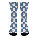Japanese Lucky Cat And Sakura Print Crew Socks