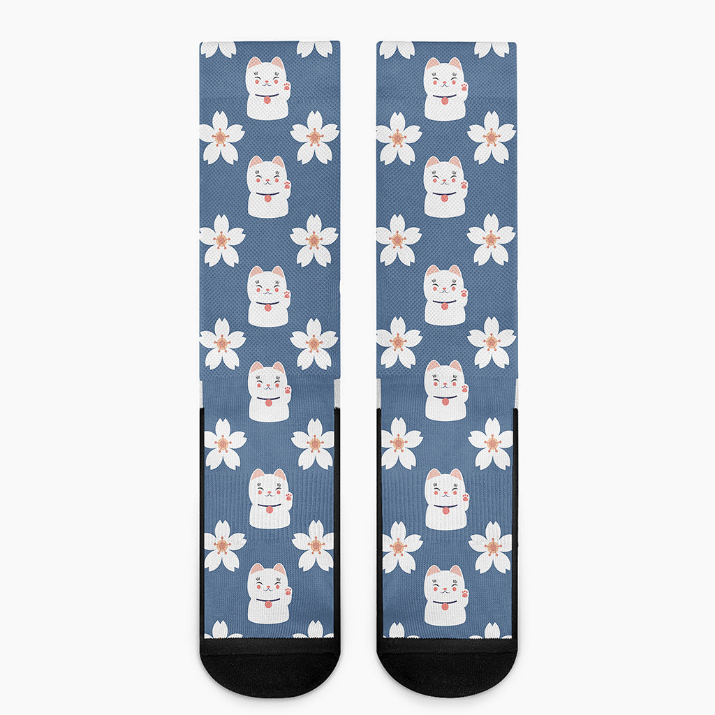 Japanese Lucky Cat And Sakura Print Crew Socks