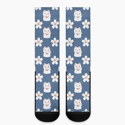 Japanese Lucky Cat And Sakura Print Crew Socks