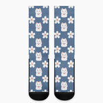 Japanese Lucky Cat And Sakura Print Crew Socks