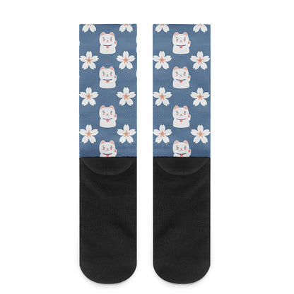 Japanese Lucky Cat And Sakura Print Crew Socks