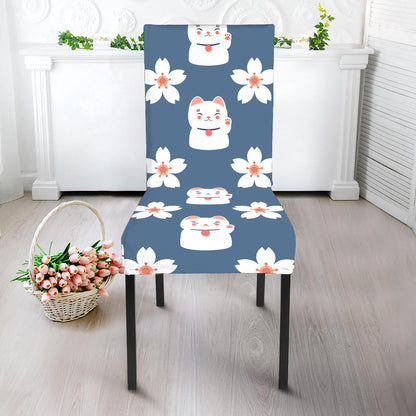 Japanese Lucky Cat And Sakura Print Dining Chair Slipcover