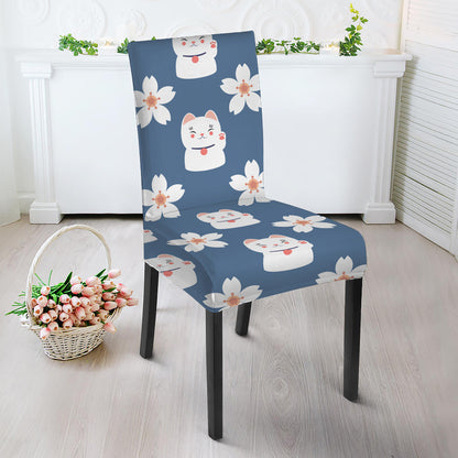 Japanese Lucky Cat And Sakura Print Dining Chair Slipcover