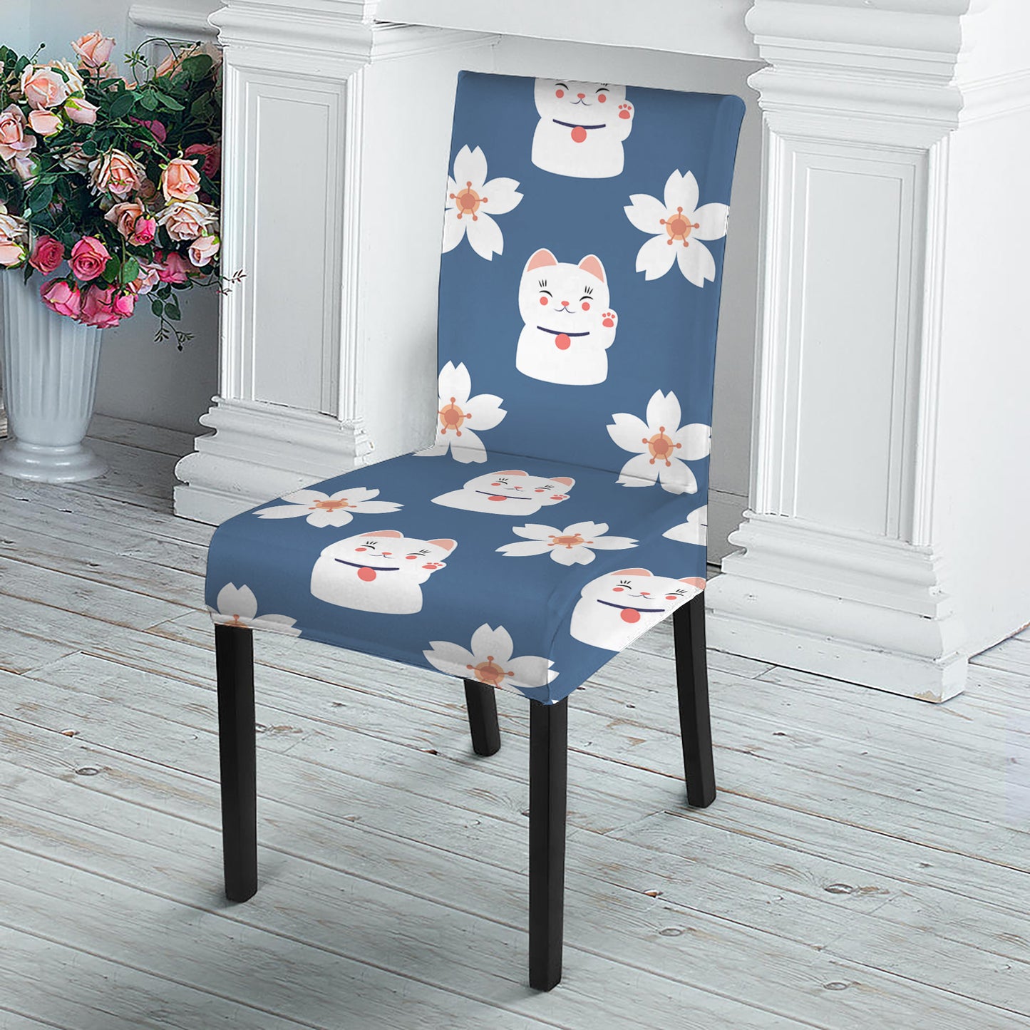 Japanese Lucky Cat And Sakura Print Dining Chair Slipcover