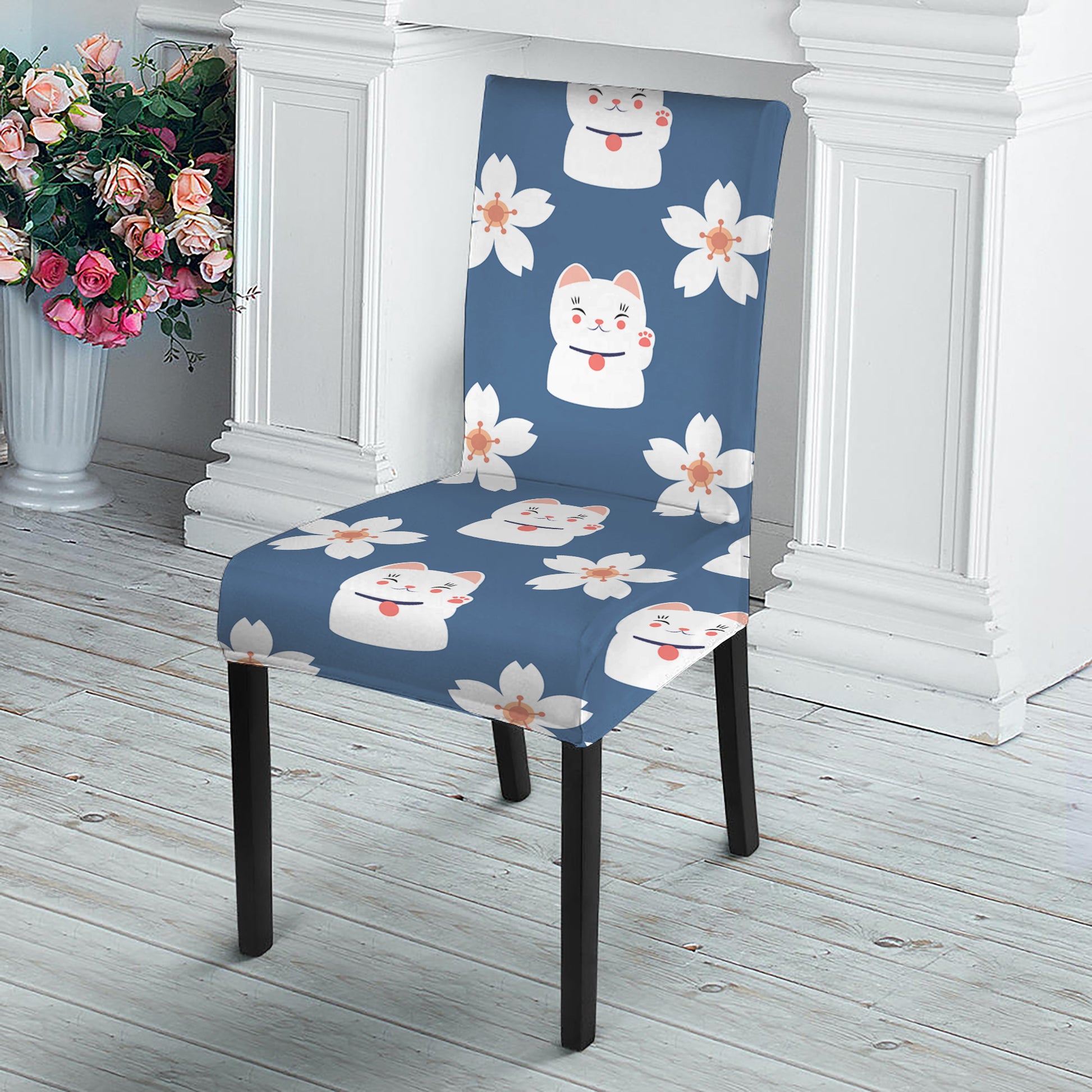 Japanese Lucky Cat And Sakura Print Dining Chair Slipcover