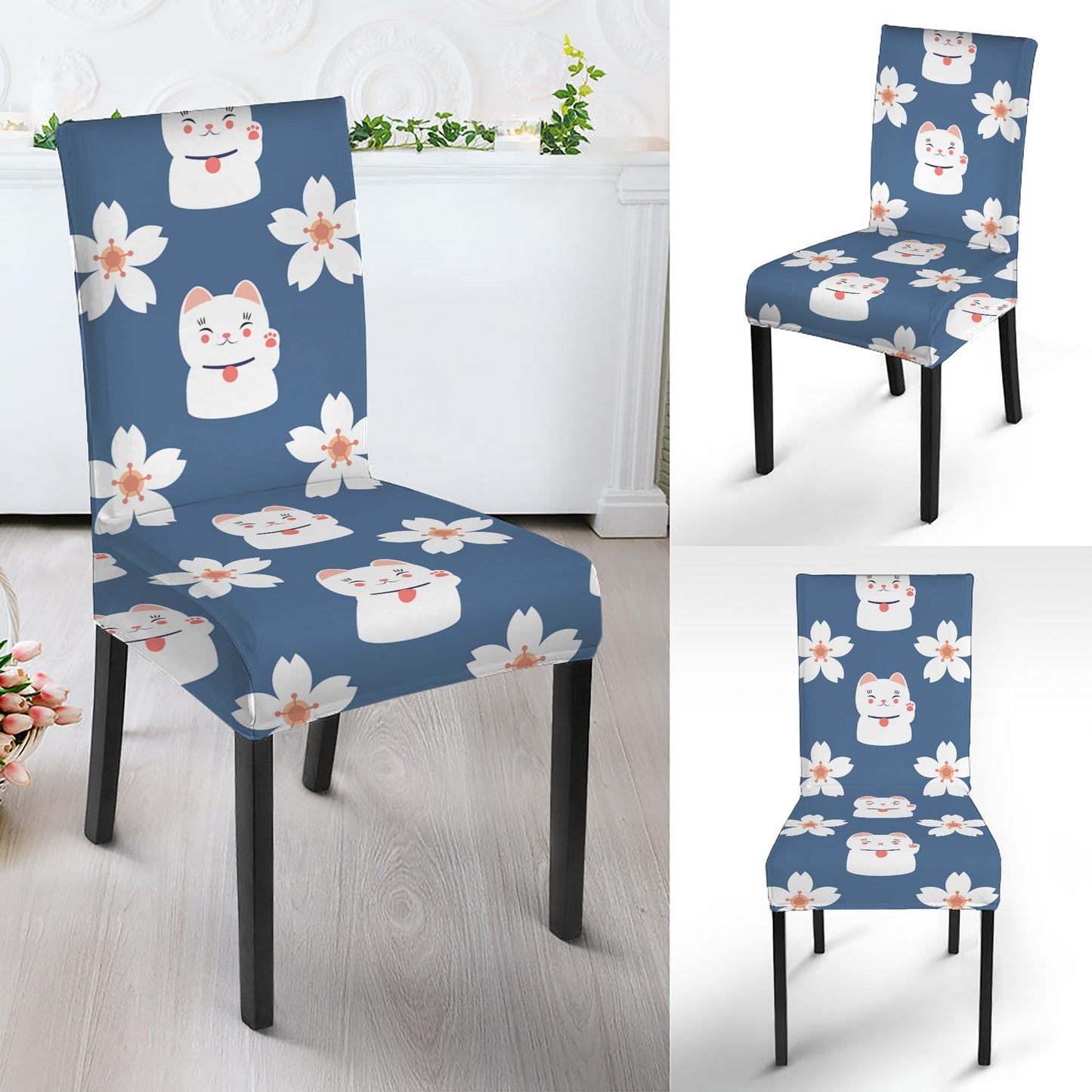 Japanese Lucky Cat And Sakura Print Dining Chair Slipcover