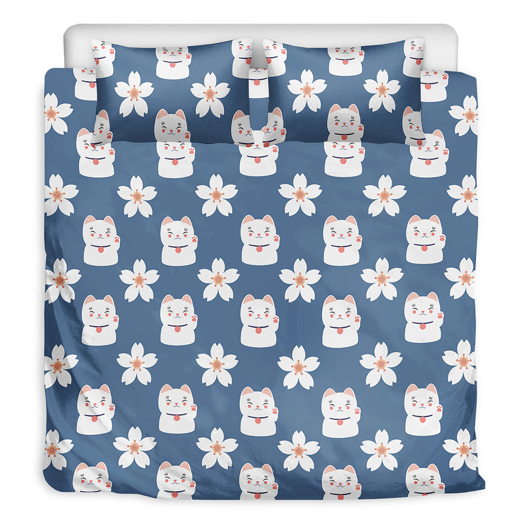 Japanese Lucky Cat And Sakura Print Duvet Cover Bedding Set