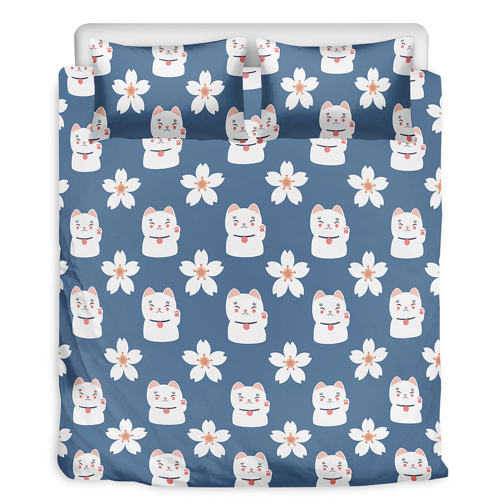 Japanese Lucky Cat And Sakura Print Duvet Cover Bedding Set