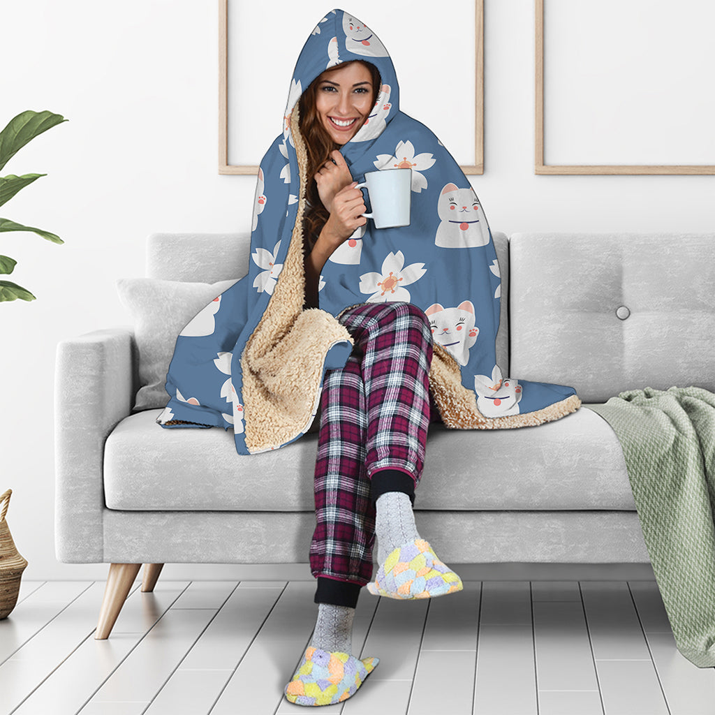 Japanese Lucky Cat And Sakura Print Hooded Blanket