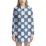 Japanese Lucky Cat And Sakura Print Hoodie Dress