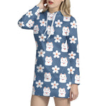 Japanese Lucky Cat And Sakura Print Hoodie Dress