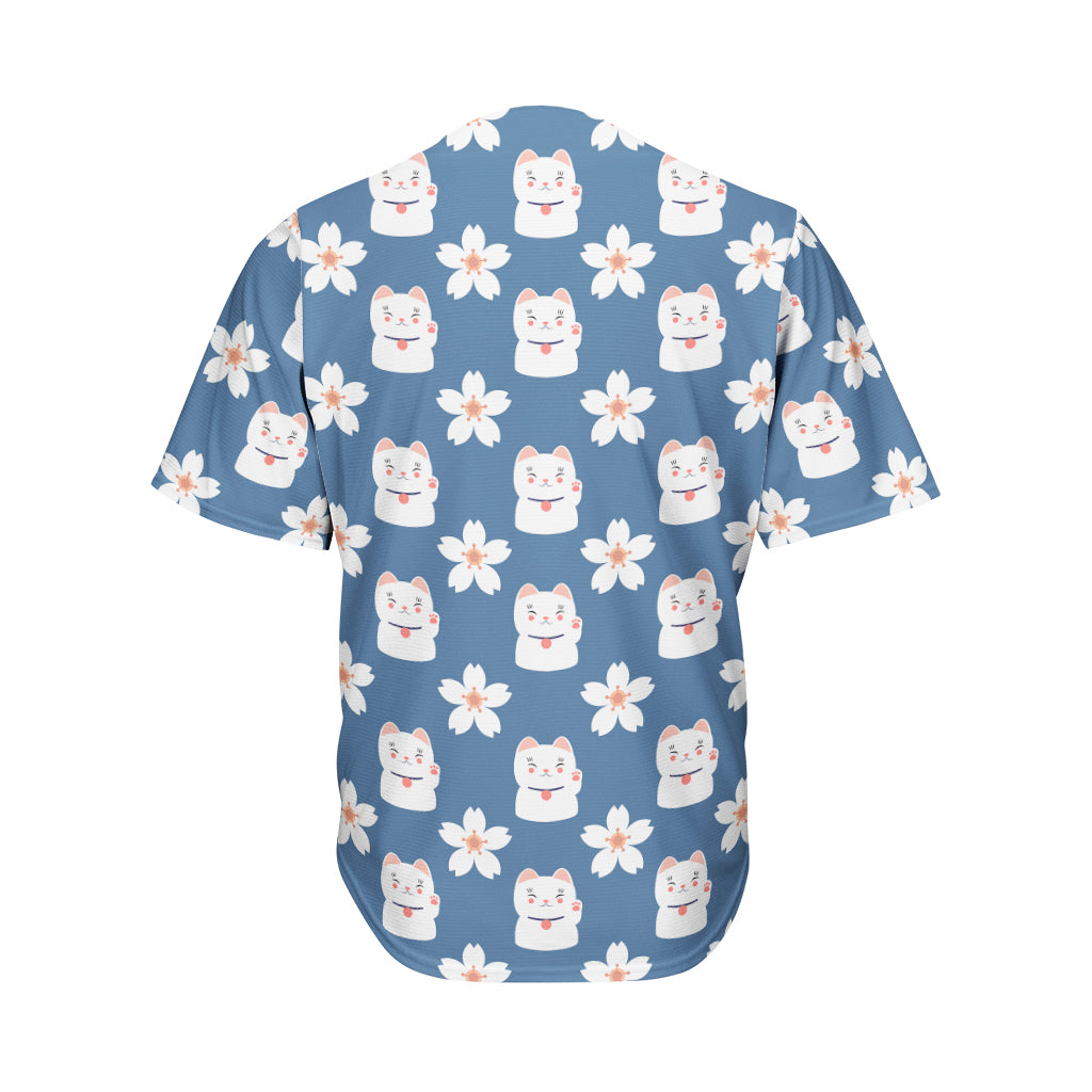 Japanese Lucky Cat And Sakura Print Men's Baseball Jersey