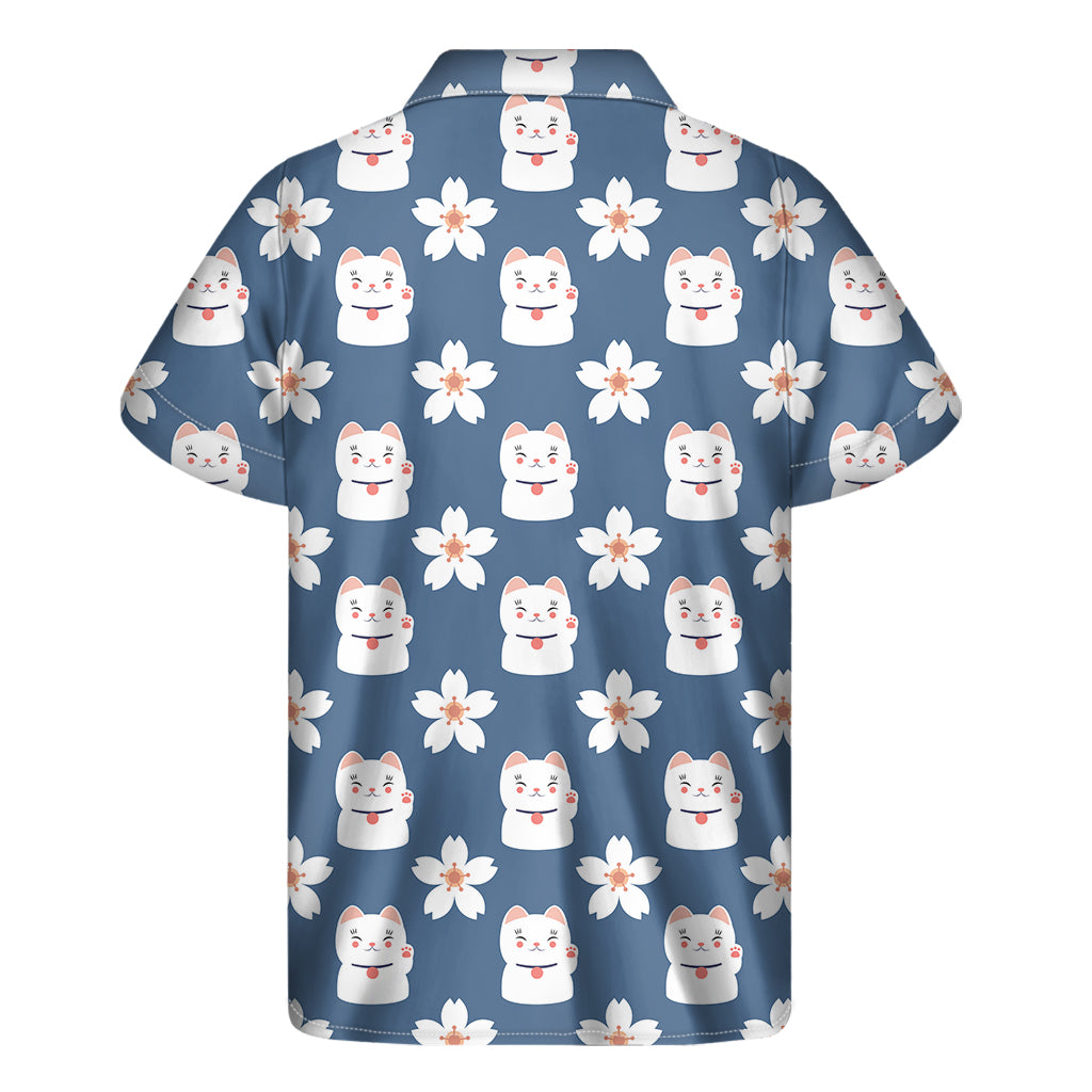 Japanese Lucky Cat And Sakura Print Men's Short Sleeve Shirt