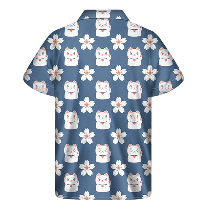 Japanese Lucky Cat And Sakura Print Men's Short Sleeve Shirt