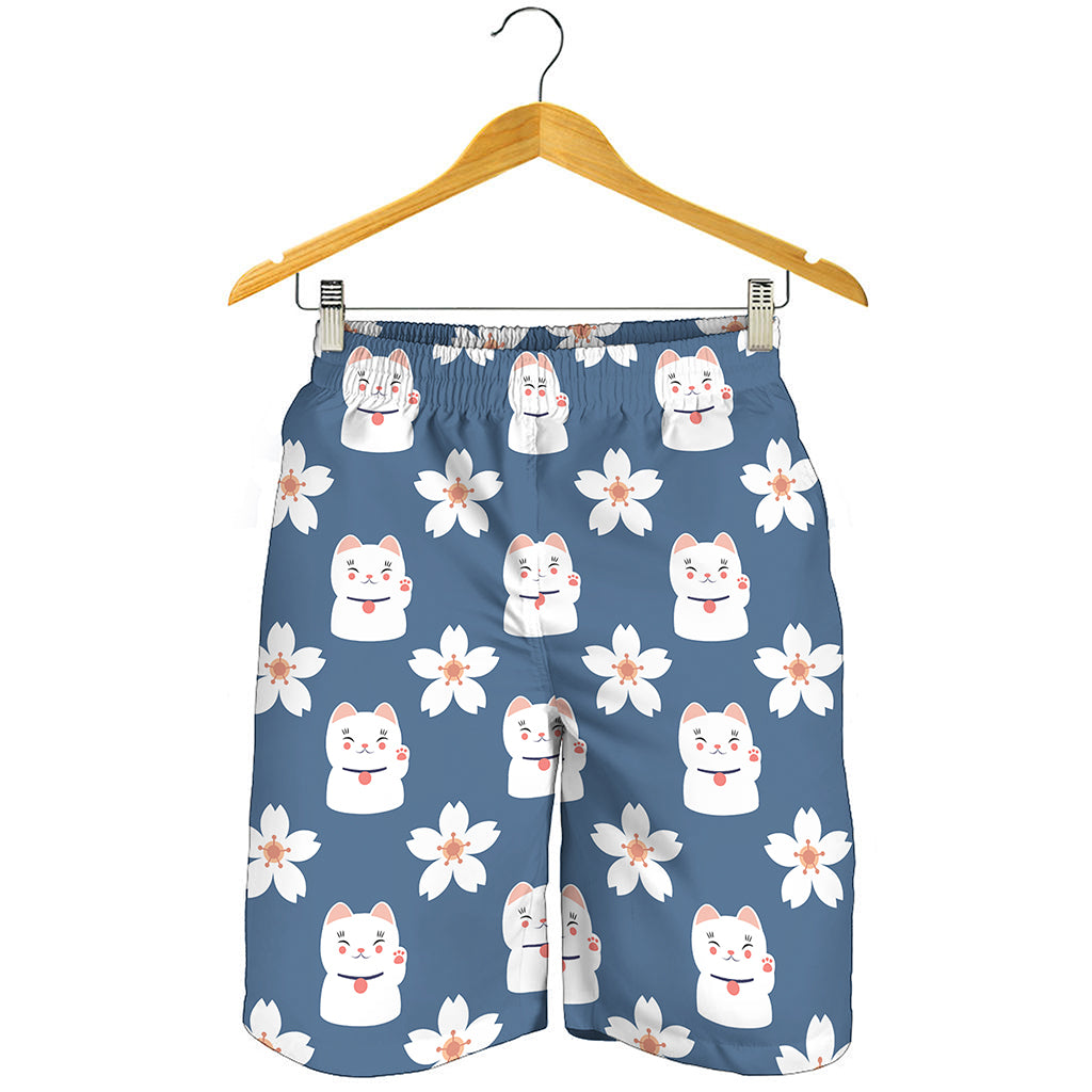 Japanese Lucky Cat And Sakura Print Men's Shorts
